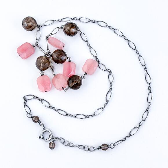 Smoky Rose Quartz Dangle Bib Necklace | Vintage Sterling Silver 925 | 16"-17" - Picture 2 of 5